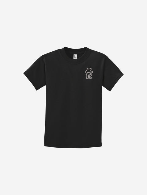 A bold black youth essential tee showcasing the ['LIT·TLE] HŪMN bear graphic, versatile for any outfit.