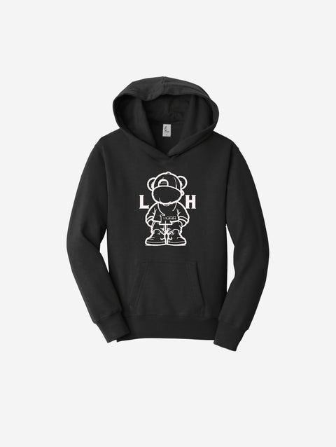 Sleek and stylish black fleece hoodie showcasing the iconic ['LH] logo, ideal for any casual occasion.