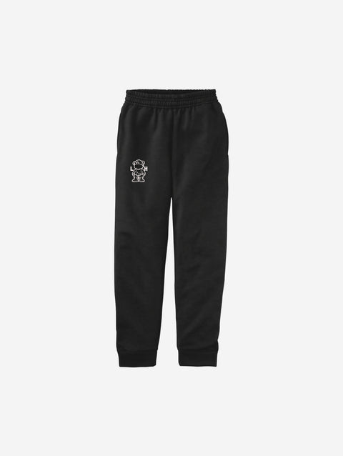 Sleek black fleece joggers adorned with the ['LH] logo, ideal for everyday wear and casual outings.