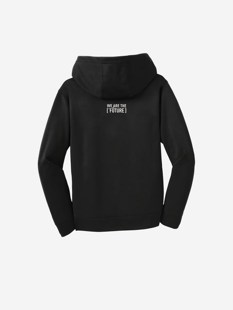['LIT·TLE] HŪMN fleece hooded pullover in classic black, with a bold yet subtle logo on the chest. A versatile and timeless wardrobe staple.