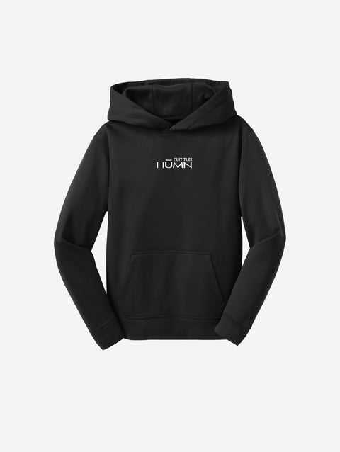 ['LIT·TLE] HŪMN fleece hooded pullover in classic black, with a bold yet subtle logo on the chest. A versatile and timeless wardrobe staple.