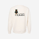 A neutral bone-colored cross-grain crewneck sweatshirt with the ['TEEN] logo in a bold dark font, offering a warm and understated look.