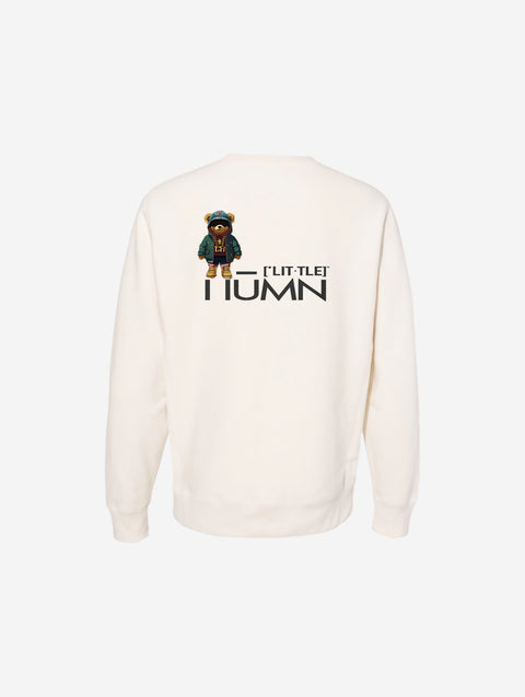 A neutral bone-colored cross-grain crewneck sweatshirt with the ['TEEN] logo in a bold dark font, offering a warm and understated look.