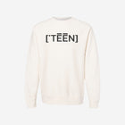 A neutral bone-colored cross-grain crewneck sweatshirt with the ['TEEN] logo in a bold dark font, offering a warm and understated look.