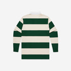 Natural and forest green rugby stripe jersey with a sharp white collar and embroidered emblem, delivering a timeless and collegiate style.