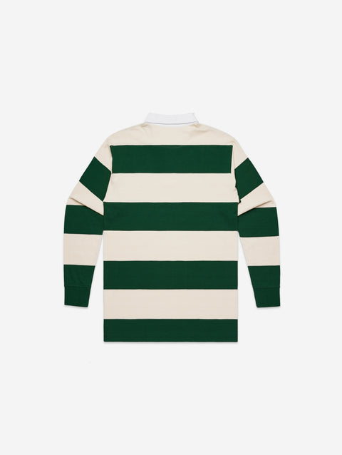 Natural and forest green rugby stripe jersey with a sharp white collar and embroidered emblem, delivering a timeless and collegiate style.