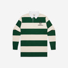 Natural and forest green rugby stripe jersey with a sharp white collar and embroidered emblem, delivering a timeless and collegiate style.