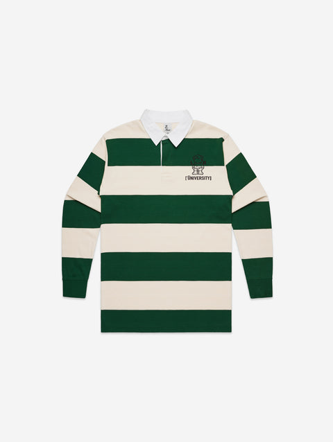 Natural and forest green rugby stripe jersey with a sharp white collar and embroidered emblem, delivering a timeless and collegiate style.