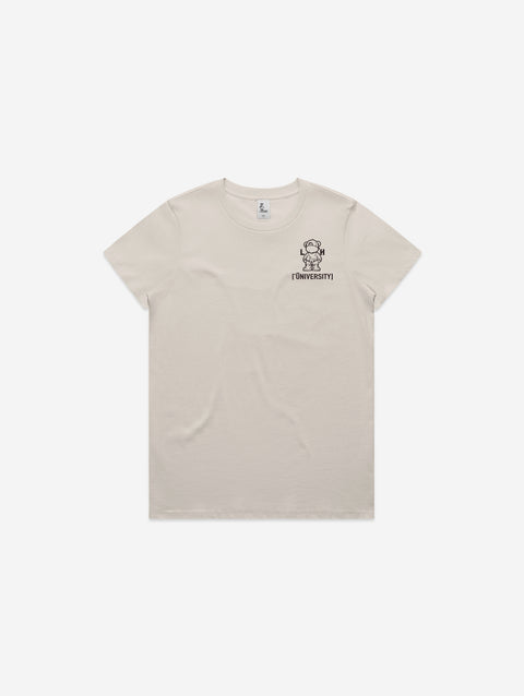 A bone-colored t-shirt featuring the 'Lil Hū' logo on the chest, offering a neutral and timeless option for a subtle yet stylish look.