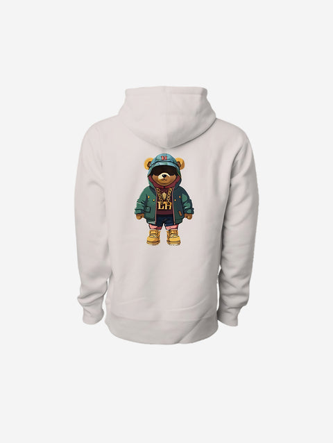 A soft, premium heavyweight hoodie in bone color with the 'LITTLE HU' logo on the chest. Features a spacious front pocket and drawstring hood for ultimate comfort and style.