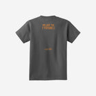 A dark charcoal gray youth t-shirt showcasing the ['ro] bear print and bold "Go Like ['RO]" text, offering a modern edge.