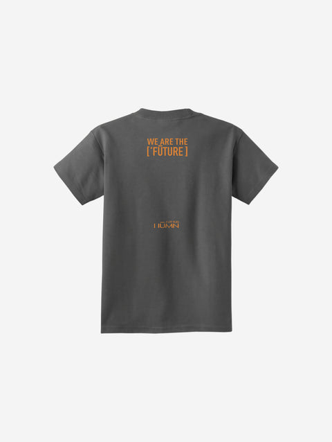 A dark charcoal gray youth t-shirt showcasing the ['ro] bear print and bold "Go Like ['RO]" text, offering a modern edge.