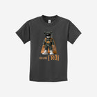 A dark charcoal gray youth t-shirt showcasing the ['ro] bear print and bold "Go Like ['RO]" text, offering a modern edge.