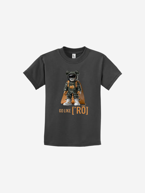 A dark charcoal gray youth t-shirt showcasing the ['ro] bear print and bold "Go Like ['RO]" text, offering a modern edge.