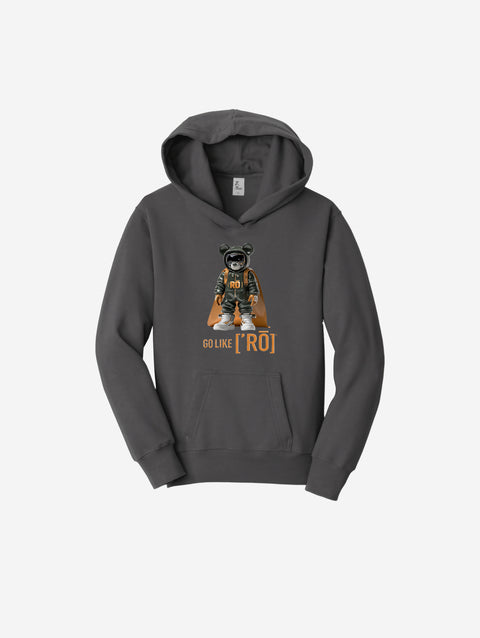 A deep charcoal gray fleece pullover sweatshirt featuring the ['RO] bear graphic, blending edgy style with cozy comfort.
