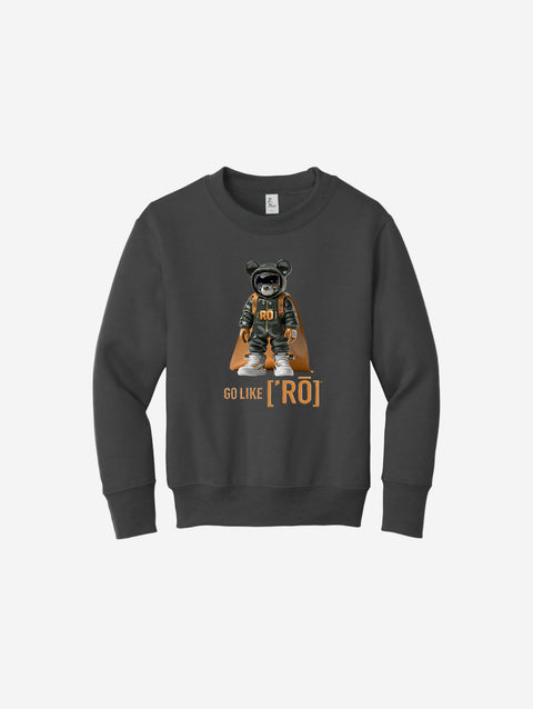 Charcoal gray youth fleece sweatshirt with the signature ['RŌ] bear graphic, combining a sleek, neutral tone with ultra-soft warmth.