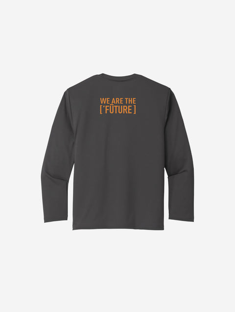 ['RŌ] Youth long sleeve performance tee in classic charcoal gray, featuring the astronaut bear graphic. A timeless and comfortable choice for active kids.