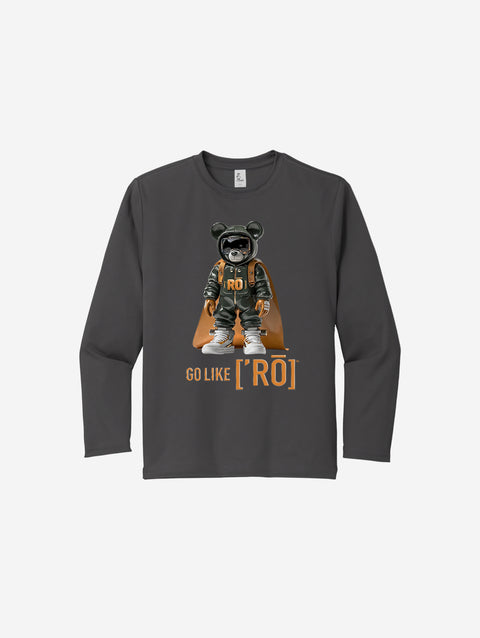 ['RŌ] Youth long sleeve performance tee in classic charcoal gray, featuring the astronaut bear graphic. A timeless and comfortable choice for active kids.