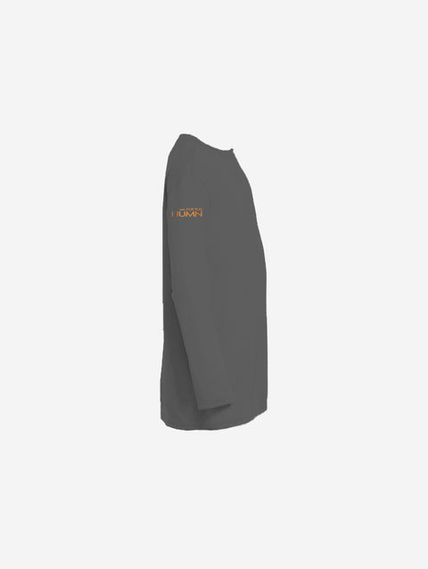 ['RŌ] Youth long sleeve performance tee in classic charcoal gray, featuring the astronaut bear graphic. A timeless and comfortable choice for active kids.