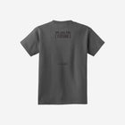 A classic dark gray youth essential tee featuring a small ['LIT·TLE] HŪMN bear graphic, perfect for everyday comfort and versatile styling.