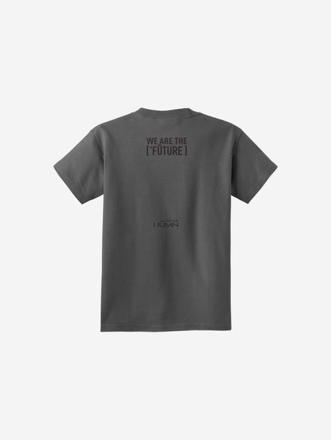 A classic dark gray youth essential tee featuring a small ['LIT·TLE] HŪMN bear graphic, perfect for everyday comfort and versatile styling.