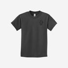 A classic dark gray youth essential tee featuring a small ['LIT·TLE] HŪMN bear graphic, perfect for everyday comfort and versatile styling.