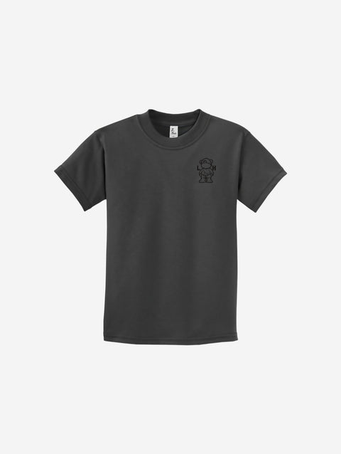 A classic dark gray youth essential tee featuring a small ['LIT·TLE] HŪMN bear graphic, perfect for everyday comfort and versatile styling.