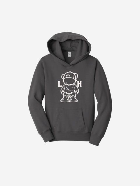 Modern charcoal fleece hoodie adorned with the ['LH] logo, offering a versatile and trendy look for kids.