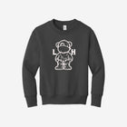 Youth fleece sweatshirt in a dark charcoal shade, featuring the playful LH mascot design in black. Cozy and stylish for any adventure.