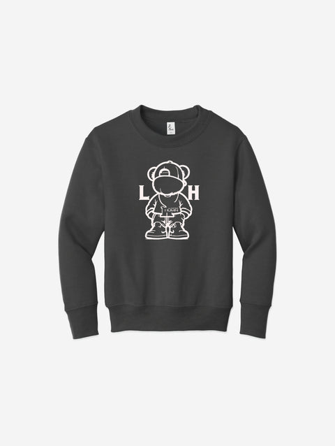Youth fleece sweatshirt in a dark charcoal shade, featuring the playful LH mascot design in black. Cozy and stylish for any adventure.