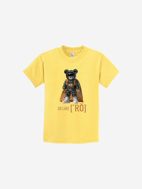 A sunny yellow youth t-shirt featuring the ['ro] bear artwork and "Go Like ['RO]" message, adding brightness and charm to any outfit.