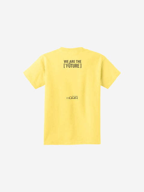 A bright daffodil yellow youth essential tee showcasing the ['LIT·TLE] HŪMN bear, adding sunny charm to every look.