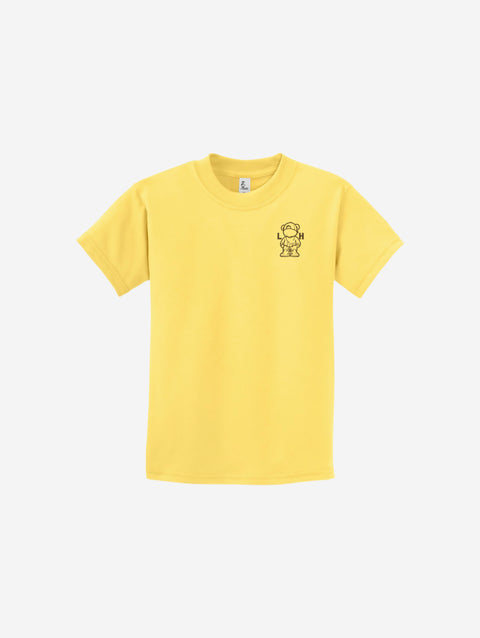 A bright daffodil yellow youth essential tee showcasing the ['LIT·TLE] HŪMN bear, adding sunny charm to every look.