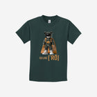 A deep green youth t-shirt adorned with the ['ro] bear and "Go Like ['RO]" logo, balancing style and adventure.