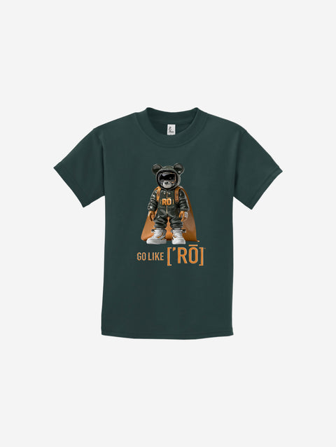 A deep green youth t-shirt adorned with the ['ro] bear and "Go Like ['RO]" logo, balancing style and adventure.