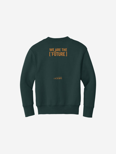 Deep green youth fleece sweatshirt with the ['RŌ] bear emblem, blending rugged charm and warm, everyday coziness for young adventurers.