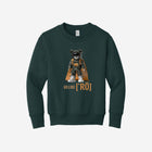 Deep green youth fleece sweatshirt with the ['RŌ] bear emblem, blending rugged charm and warm, everyday coziness for young adventurers.