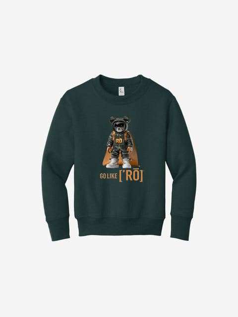 Deep green youth fleece sweatshirt with the ['RŌ] bear emblem, blending rugged charm and warm, everyday coziness for young adventurers.