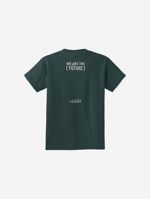 A rich dark green youth essential tee featuring the ['LIT·TLE] HŪMN bear, perfect for nature-inspired styles.