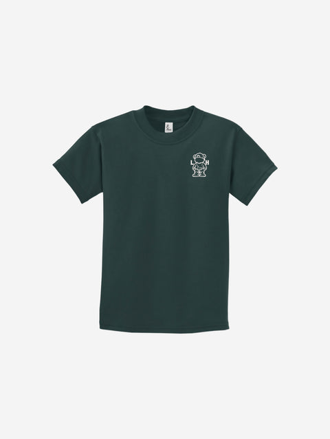 A rich dark green youth essential tee featuring the ['LIT·TLE] HŪMN bear, perfect for nature-inspired styles.