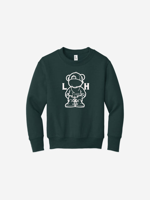 Youth fleece sweatshirt in a deep green tone, showcasing the bold LH mascot design in black. Comfortable and perfect for everyday wear.