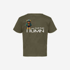 Olive green infant fine jersey tee with text reading "No, my first name ain't ['BABY']" printed on the front. Trendy and soft for everyday wear.