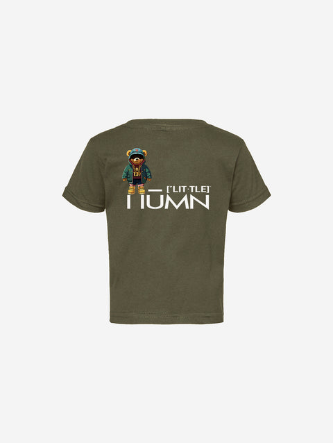 Olive green infant fine jersey tee with text reading "No, my first name ain't ['BABY']" printed on the front. Trendy and soft for everyday wear.