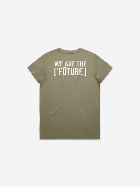 An olive-green t-shirt featuring the 'Lil Hū' logo on the chest, ideal for earthy tones and natural vibes.