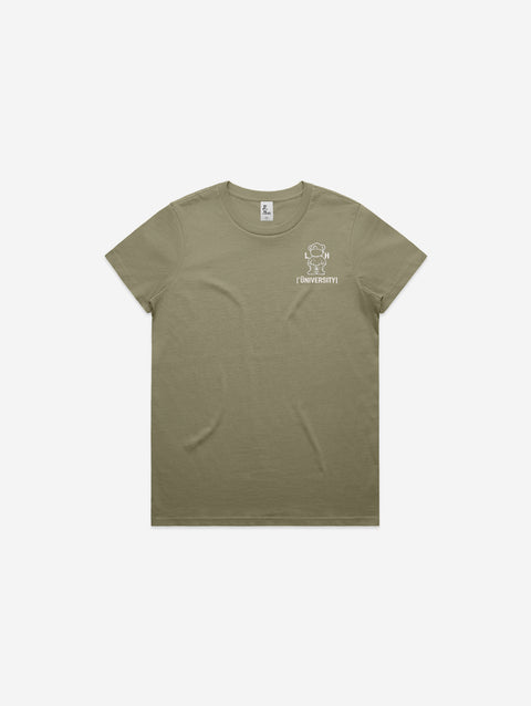An olive-green t-shirt featuring the 'Lil Hū' logo on the chest, ideal for earthy tones and natural vibes.