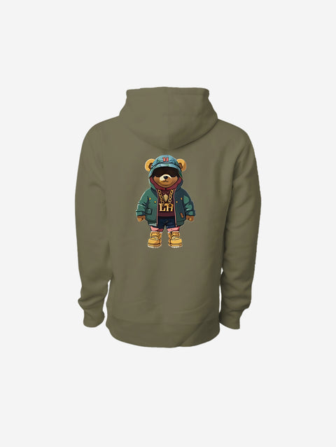 A vibrant olive-green premium heavyweight hoodie with the 'LITTLE HU' logo embroidered on the chest. Offers warmth and a cozy fit, perfect for layering.