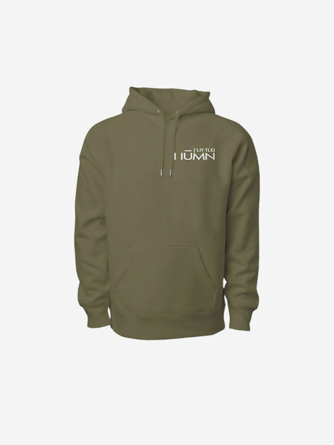 A vibrant olive-green premium heavyweight hoodie with the 'LITTLE HU' logo embroidered on the chest. Offers warmth and a cozy fit, perfect for layering.