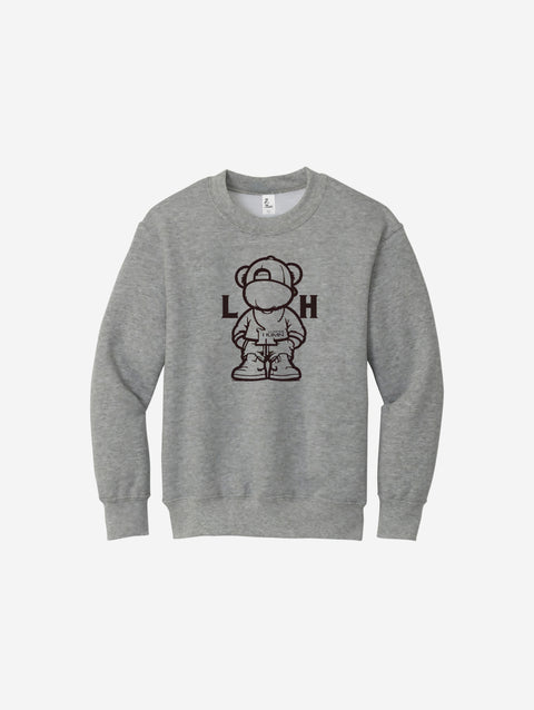 Youth fleece sweatshirt in athletic heather gray, displaying the iconic LH mascot design in black. Perfect for casual comfort.
