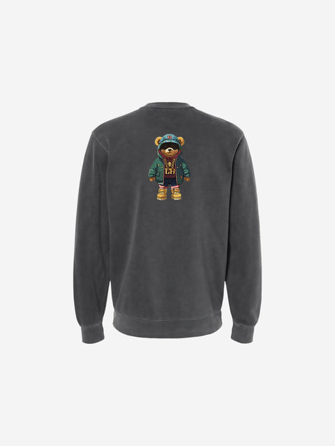 Pigment-dyed crewneck sweatshirt in black featuring a minimalistic 'HŪMN' logo, offering a stylish and vintage-inspired look with a soft, lived-in feel.