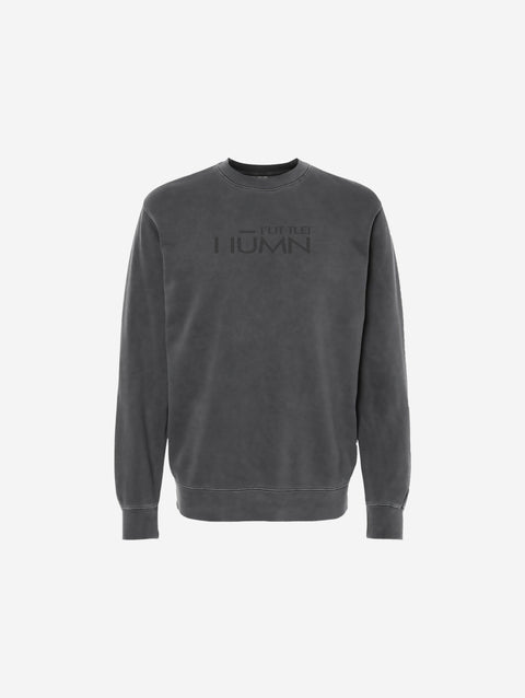 Pigment-dyed crewneck sweatshirt in black featuring a minimalistic 'HŪMN' logo, offering a stylish and vintage-inspired look with a soft, lived-in feel.